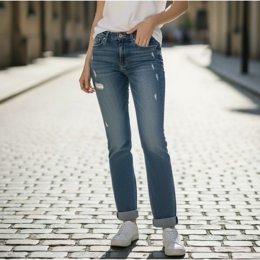 PAIGE Jimmy Jimmy Distressed Jeans Mid Rise Med Wash Denim